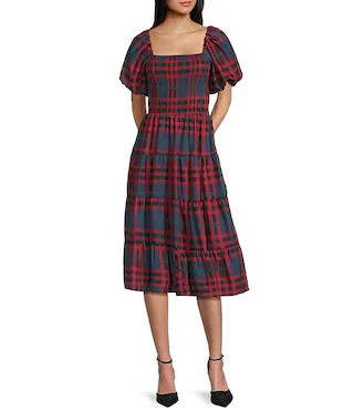 Midnight Doll Smocked Plaid Square Neck Puff Sleeve Midi Dress | Dillard's | Dillard's
