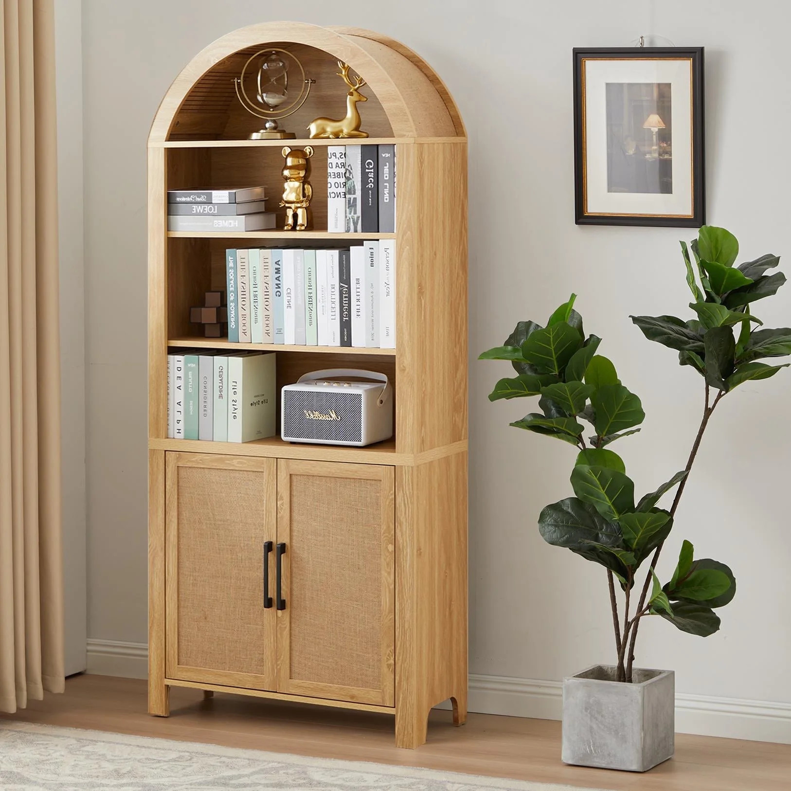 MIYZEAL 71" Wide Oak Arch Bookcase - 6-Tier Open Display Shelf with Rattan Storage Cabinet & Door... | Walmart (US)