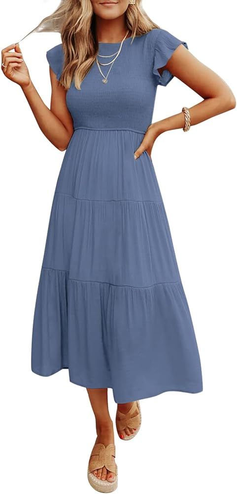 ZCSIA Women's 2023 Summer Casual Ruffle Short Sleeve Crewneck Smocked Tiered A Line Midi Dress | Amazon (US)