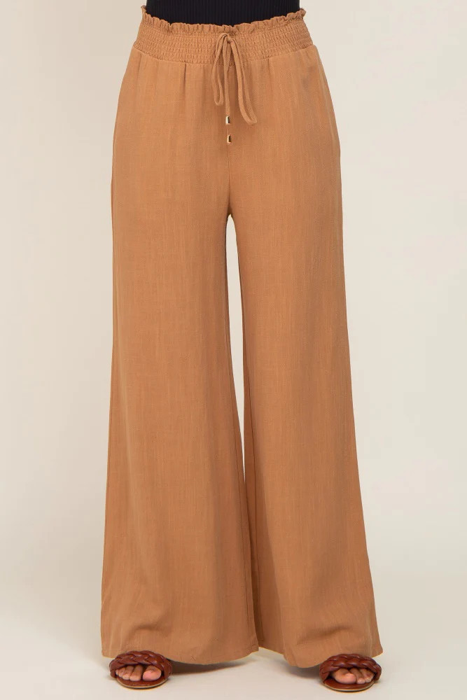 Camel Smocked Waist Wide Leg Linen Pants | PinkBlush Maternity