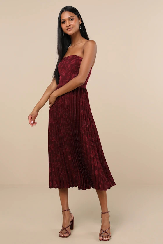 Perfectly Stunning Burgundy Jacquard Strapless Midi Dress | Lulus