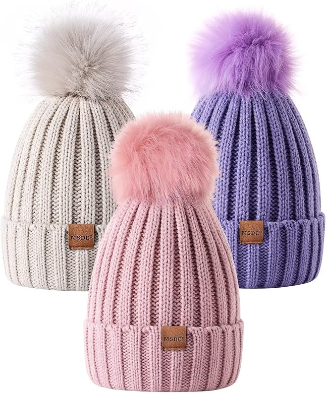 MSDC Beanie for Women with Pom Pom 3 Pack, Winter Hats for Women Fashion Knit Warm Skull Cap, Womens Beanie for Cold Weather | Amazon (US)