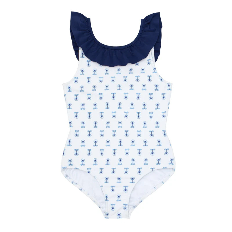 minnow x petite plume girls botanical block print ruffle collar one piece | minnow