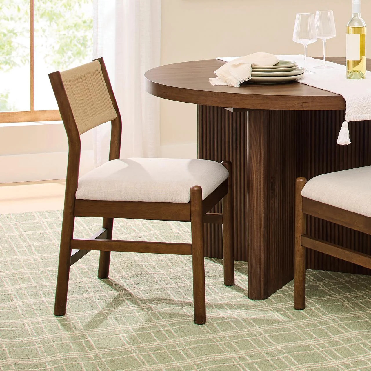 Better Homes & Gardens Lillian Fluted Dining Chairs, Walnut Wood & Cream Upholstered Seats, Set of | Walmart (US)