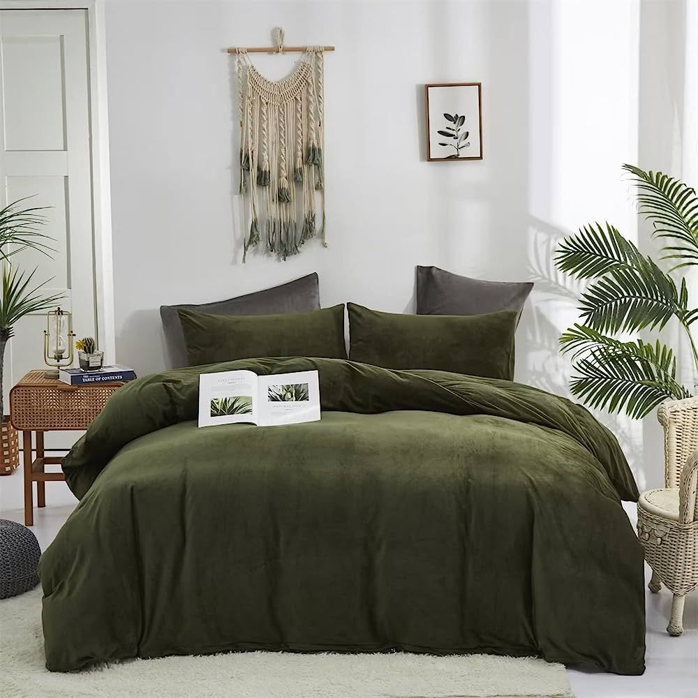 Houseri Olive Green Velvet Comforter Set Twin Army Green Fluffy Bedding Sets Twin Size Kids Dark ... | Amazon (US)