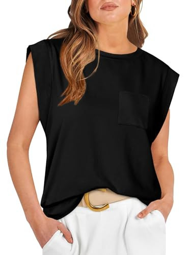 WIHOLL Summer Tops for Women 2024 Boat Neck Cap Sleeve Basic Tee Top Cute T Shirts Flowy Spring Business Outfits 2024 Fashion Trendy Tank Black XL | Amazon (US)