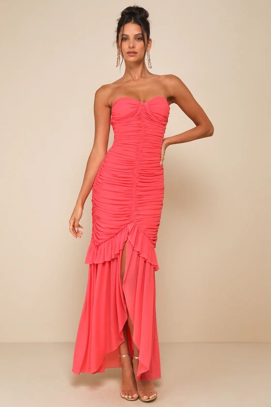 Unforgettable Beauty Coral Pink Mesh Ruched High-Low Maxi Dress | Lulus