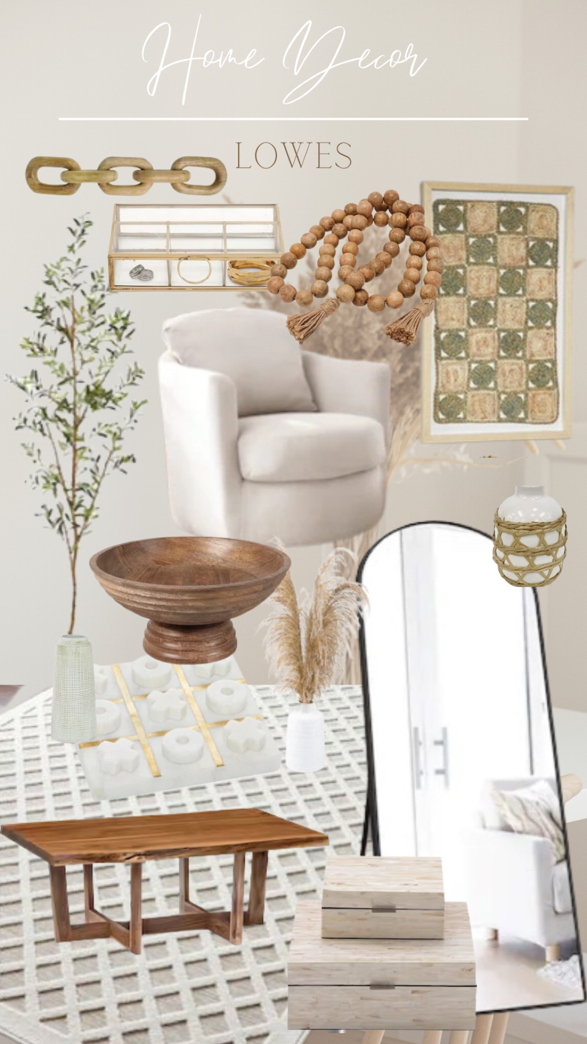 Lowes Home Decor finds! #lowes #homedecor floor length mirror. olive tree. decor objects. wall art. ivory chair. ivory area rug. stone vase. gold jewelry box 

#LTKFind #LTKfamily #LTKhome