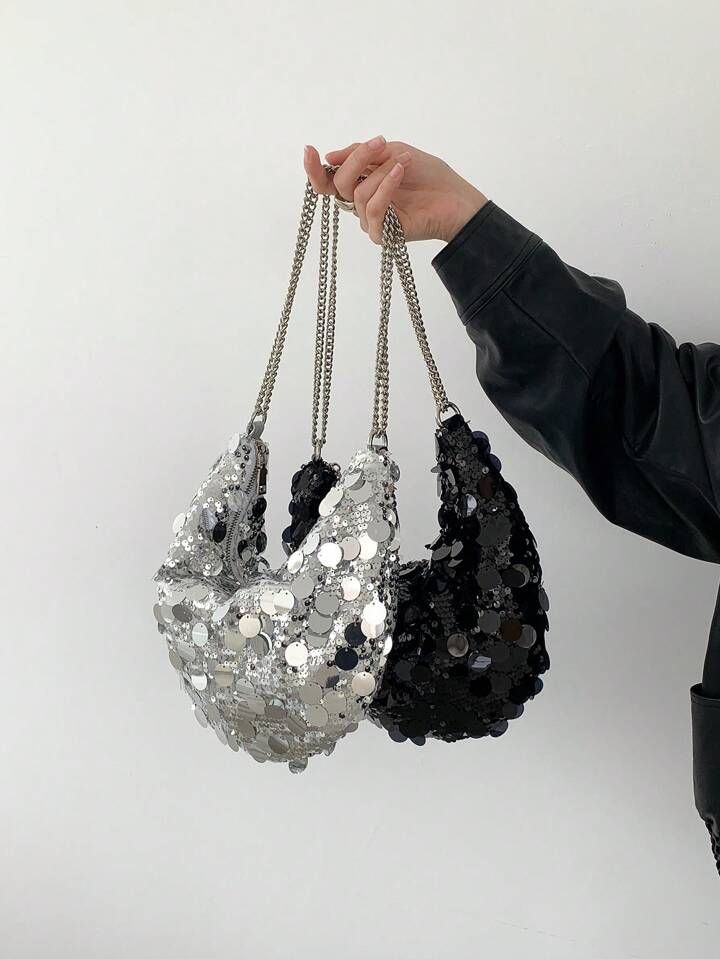 1pc Women's Silver Metallic Shine Sequin Large Capacity Clutch Shoulder Bag For Banquet | SHEIN
