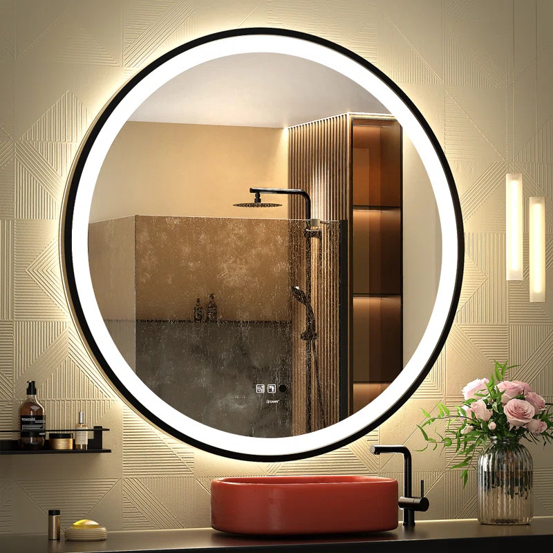 Balig Round Black Illuminated Dimmable LED Anti Fog Mirror Bathroom Vanity Mirror with Motion Sen... | Wayfair North America