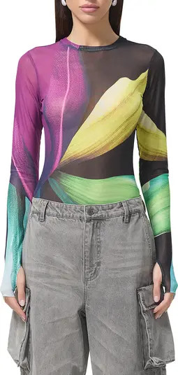 AFRM Kaylee Print Sheer Mesh Top in Lime Wing at Nordstrom, Size X-Large | Nordstrom