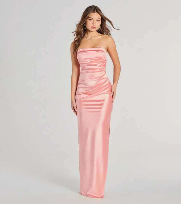 Brianna Satin Strapless High Slit Column Dress | Windsor Stores