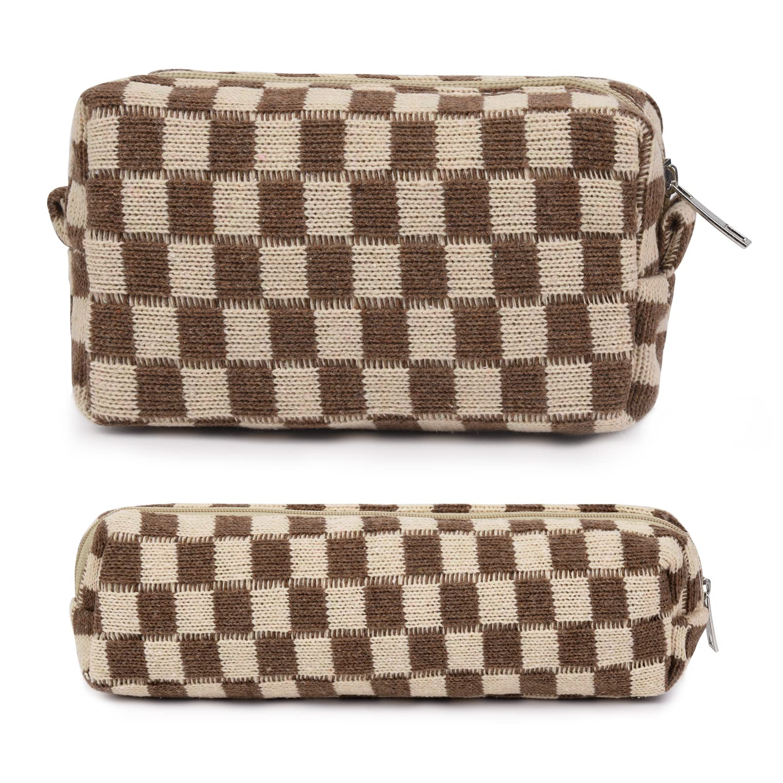 Makeup Bag Checkered Cosmetic Bag Brown Makeup Pouch 1Pcs Large Capacity Makeup Bags and 1Pcs Mak... | Amazon (US)