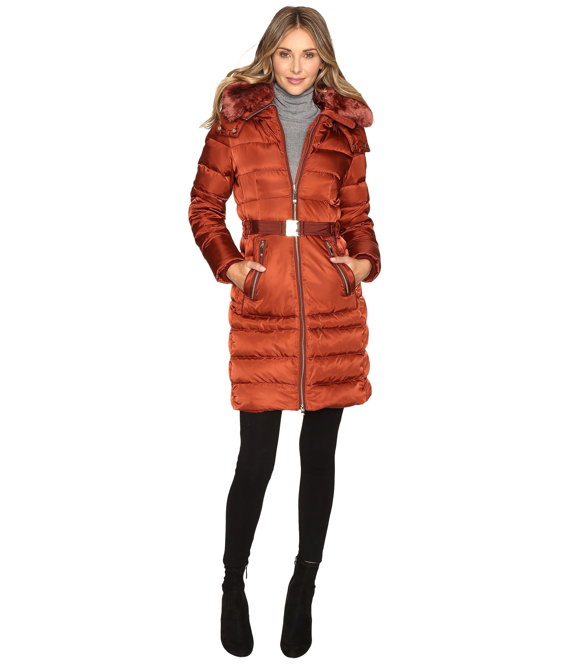 Vince Camuto Belted Down with Removable Hood and Removable Faux Fur Collar L8691 | Zappos