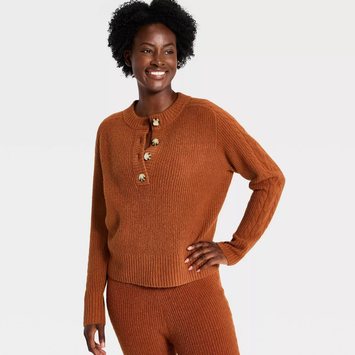 Women's Cable Knit Henley Sweater - Auden\u2122 Orange M | Target