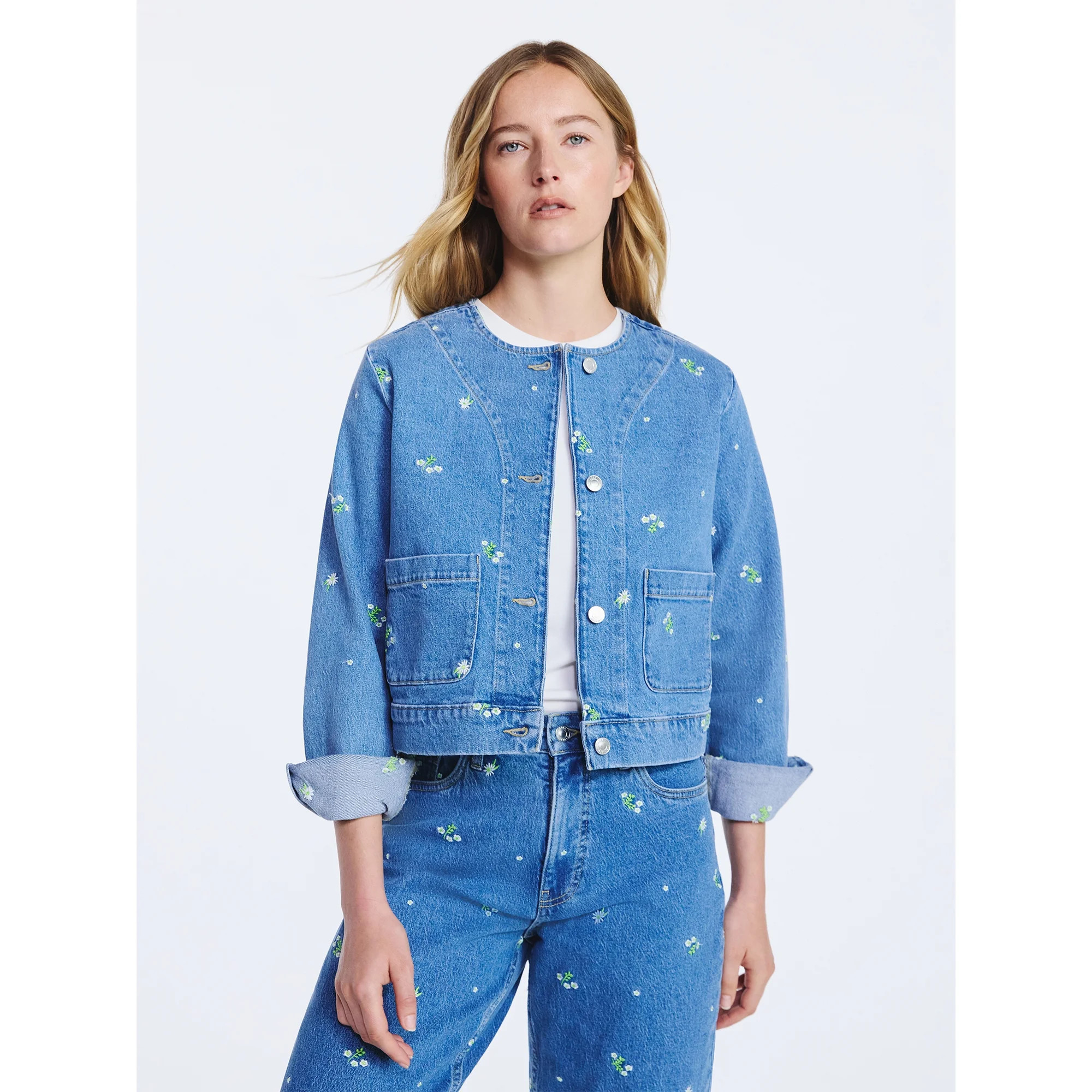 Free Assembly Women's Embroidered Cropped Denim Jacket, Sizes XS-XXL | Walmart (US)