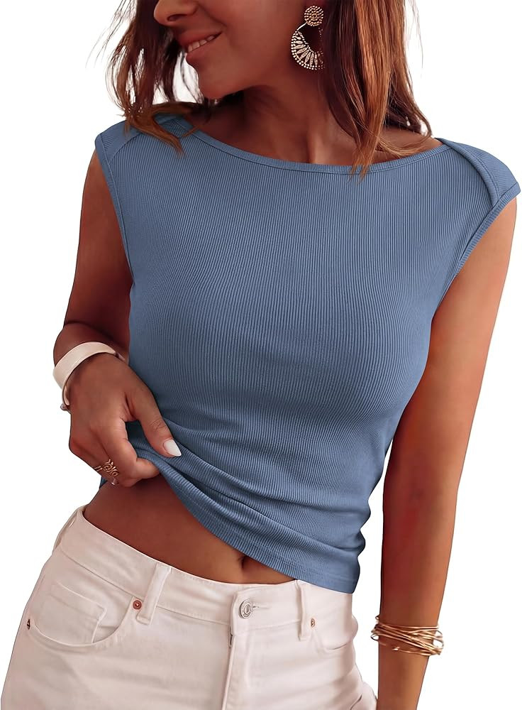 BTFBM Women's Ribbed Tank Tops 2026 Summer Cap Sleeve Boat Neck Slim Fitted Knit Basic Casual Tee... | Amazon (US)