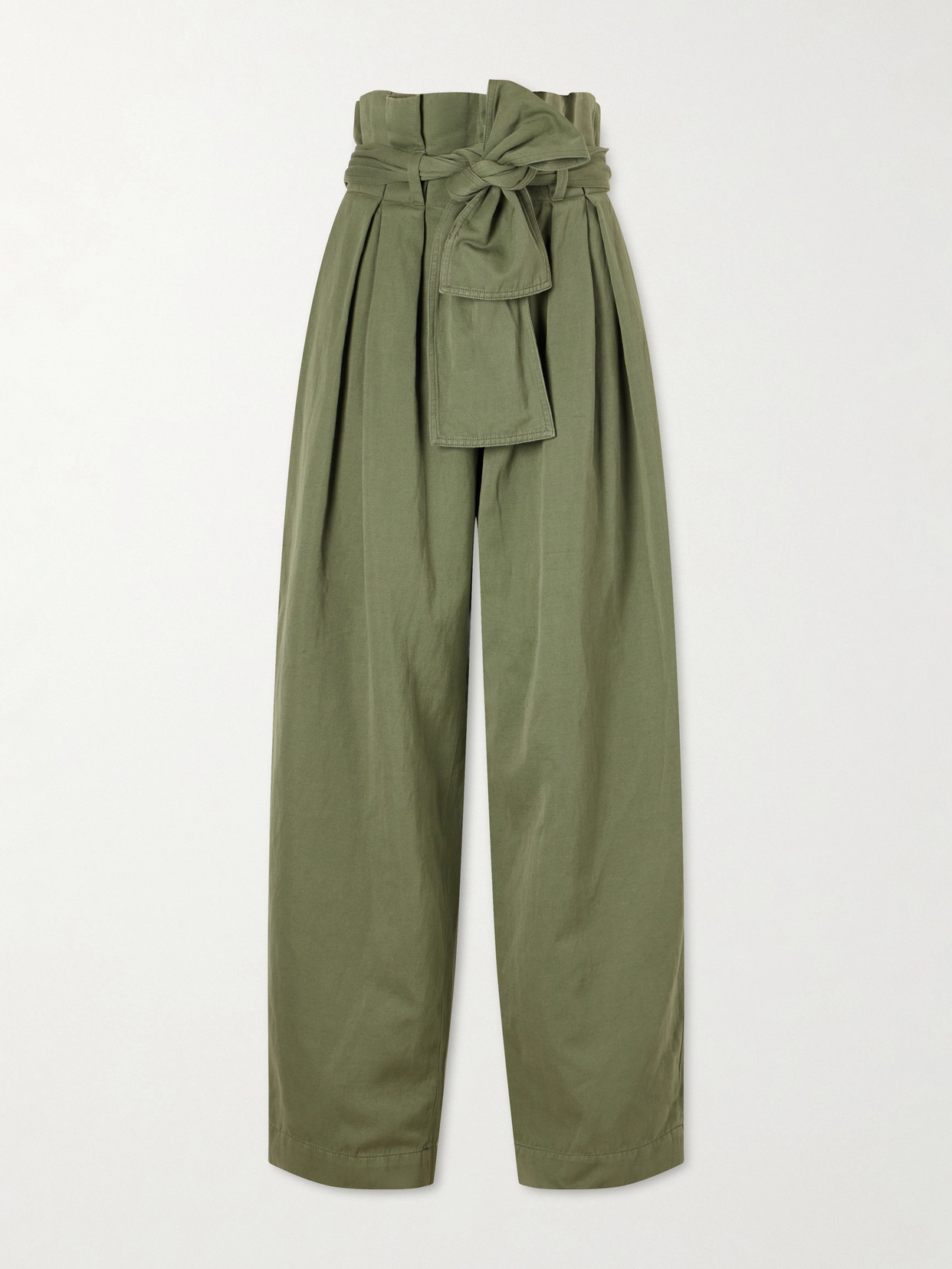 Balmain - Belted Pleated Cotton And Linen-blend Twill Tapered Pants - Green | NET-A-PORTER (US)