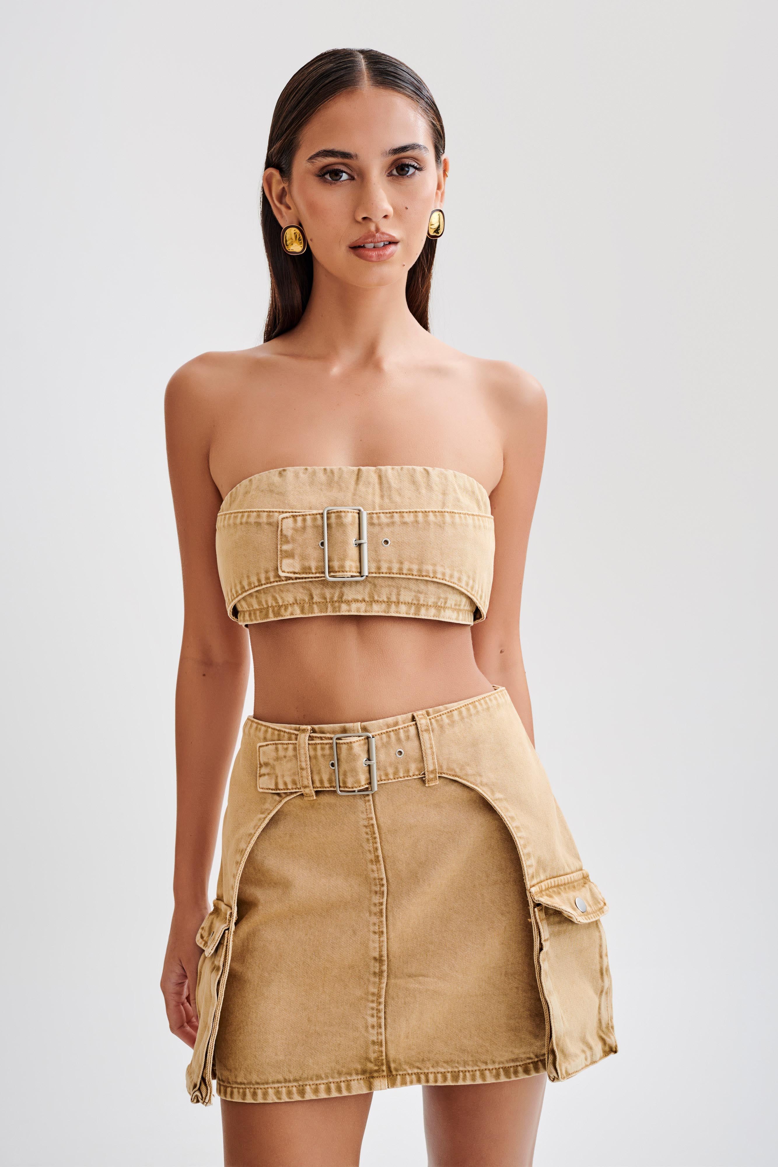 Rowena Denim Buckle Bandeau - Tan Acid Wash | MESHKI US