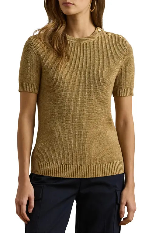 Lauren Ralph Lauren Rib Button Shoulder Short Sleeve Sweater in Relic Gold at Nordstrom, Size Small | Nordstrom