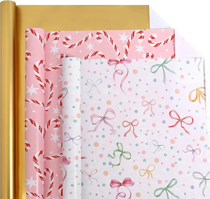BIOBROWN Christmas Wrapping Paper with Tags and Trim Ribbon - Mini Roll - 17 Inch X 10 Feet (3 Ro... | Amazon (US)