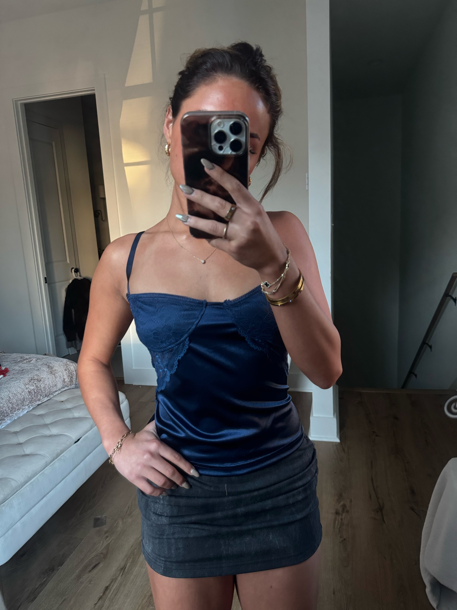 navy silk top & misguided gray skirt