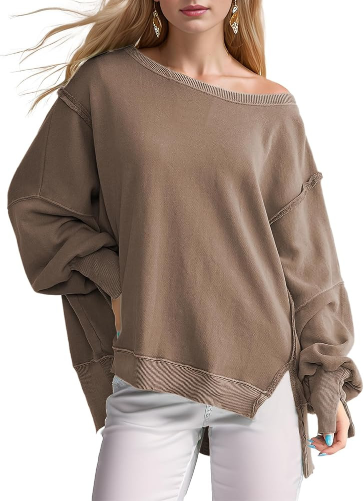 Ainangua Women's Oversized Sweatshirts Casual Loose Crew Neck Pullover Tops Long Sleeve Solid Sid... | Amazon (US)