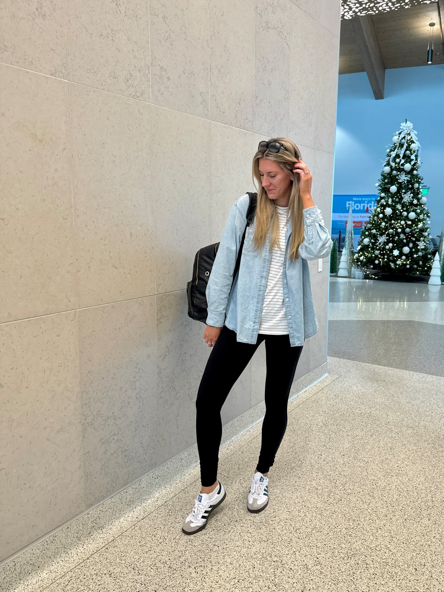 Travel fit that’s easy and comfy! Tall girl leggings and tall chambray button down top with tunic tee. 

#LTKTravel #LTKMidsize #LTKTall