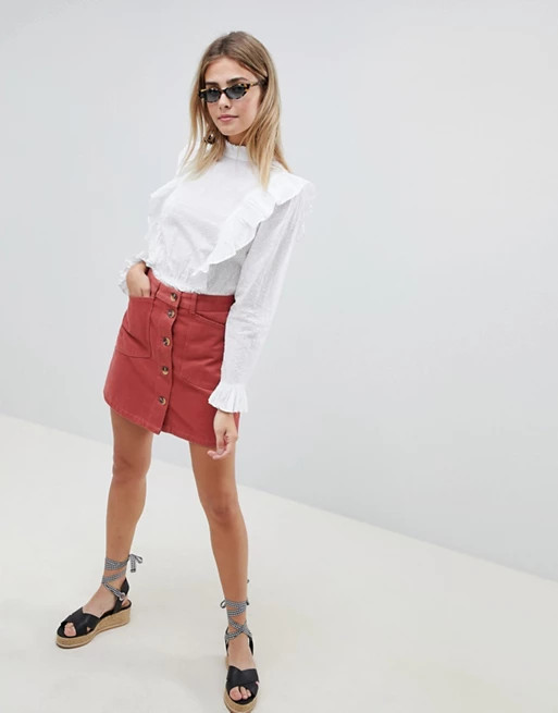 ASOS DESIGN denim button through skirt in rust with tortoiseshell buttons | ASOS US