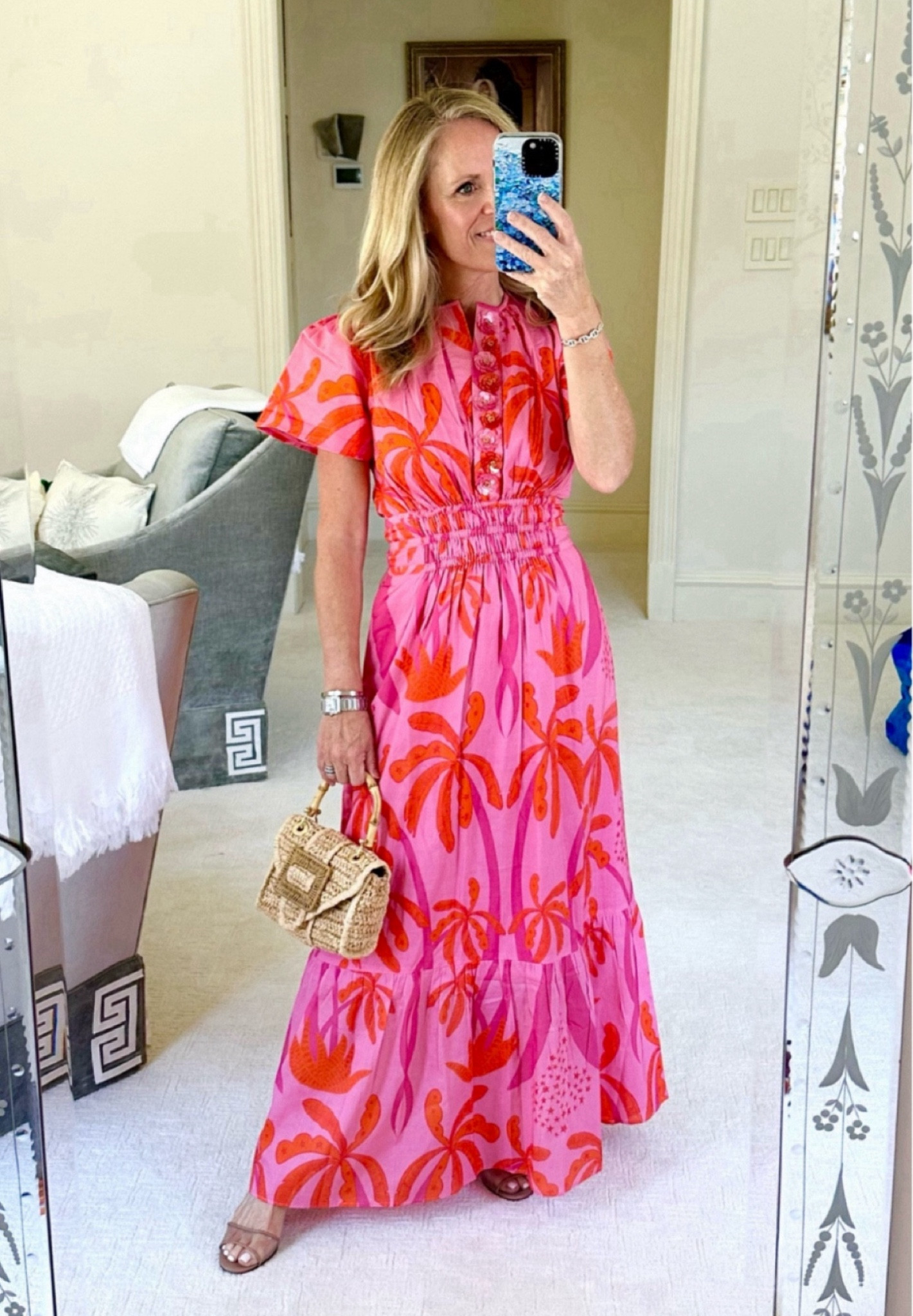 The perfect vacation dress! 
Hot pink and orange palm print Eloise midi dress from Sheridan French. 
The sequin flowers make it so special!! 

Fits TTS 
I’m 5’2” tall for length reference. Wearing XS. 

#LTKStyleTip #LTKSeasonal #LTKOver40