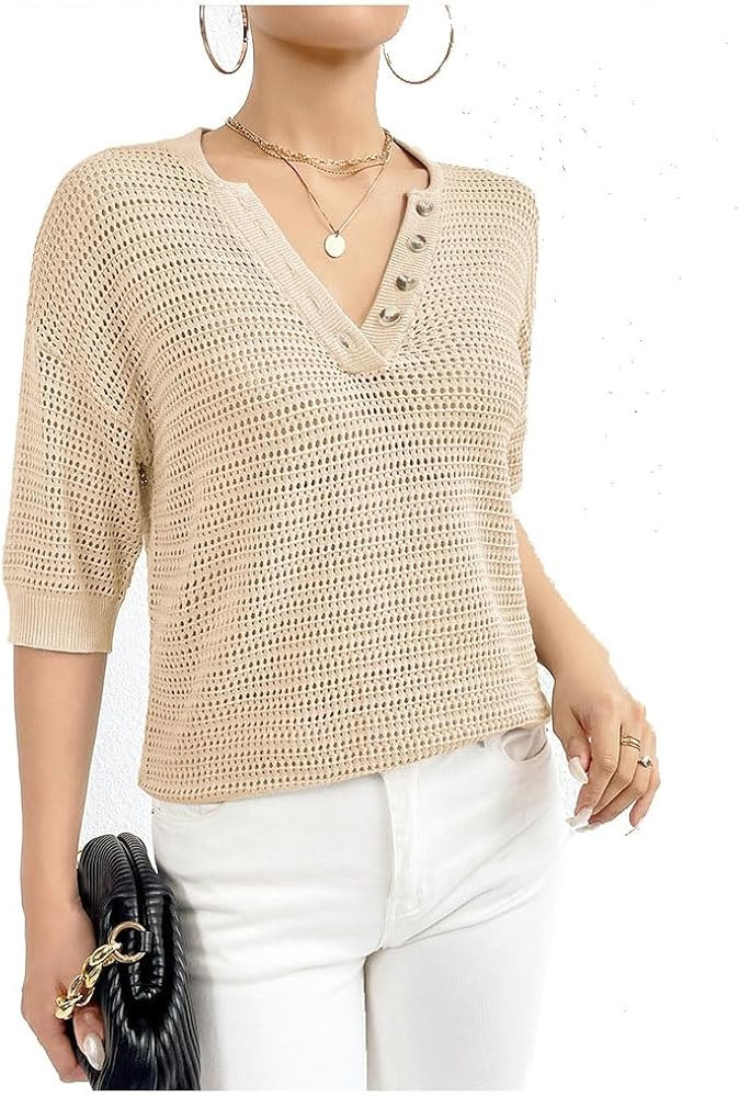 Generic Women's Long Quarter Sleeve Casual V-Neck Classic Solid Color Ribbed Short Knit Half Open... | Amazon (US)