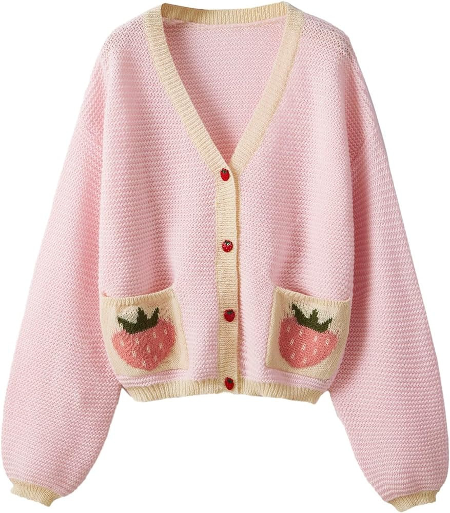 SHENHE Women's Strawberry Pattern Open Front Bishop Sleeve Casual Cardigan | Amazon (US)