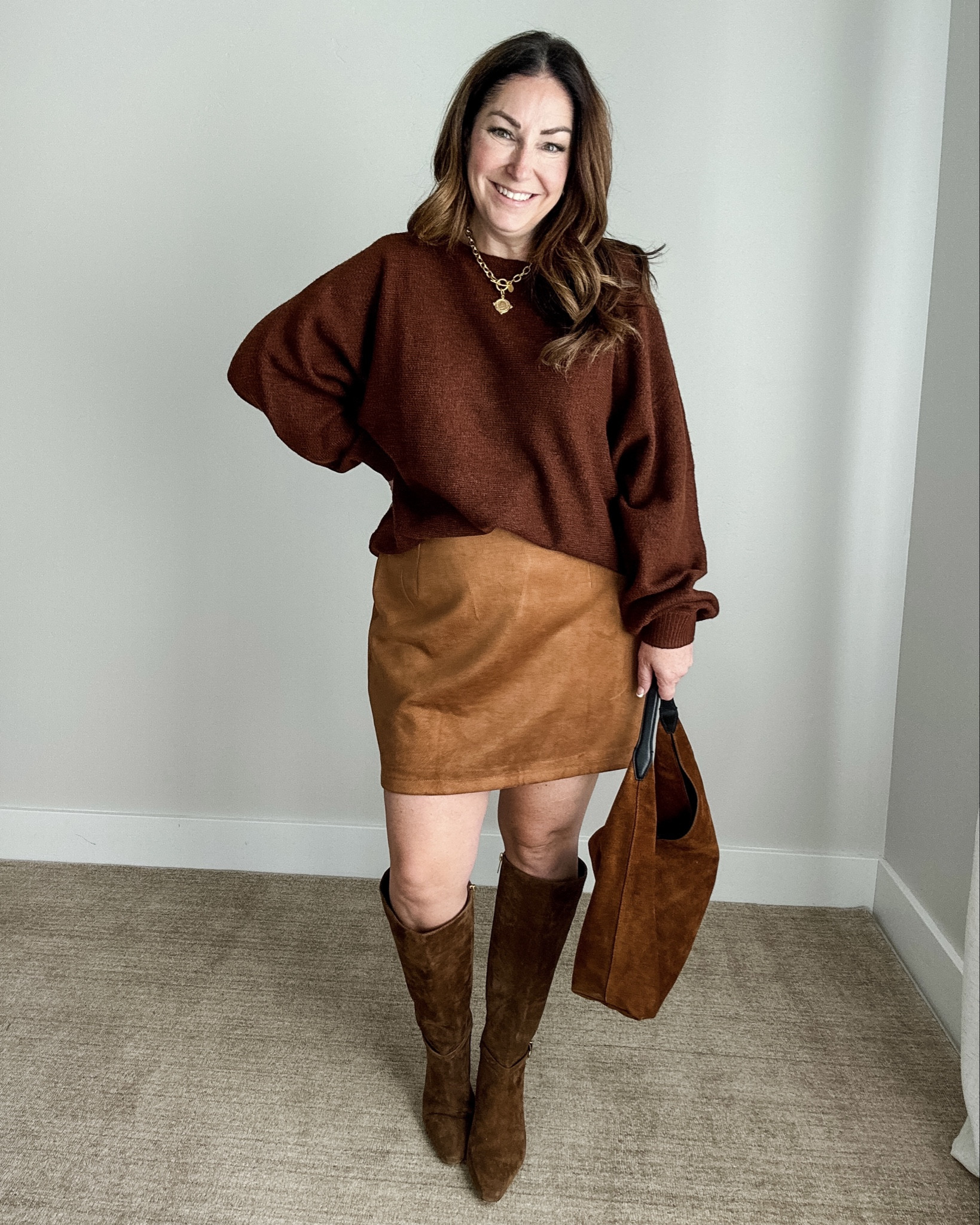 Fall Suede Mini Skirt Outfit 
- Wearing large in sweater
- XL in skirt, size up


#friendsgiving 


#LTKOver40 #LTKHoliday #LTKMidsize