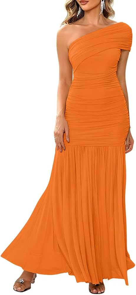 LAGSHIAN Women's Elegant Formal Long Dress One Shoulder Sleeveless Ruched Bodycon Evening Dress | Amazon (US)