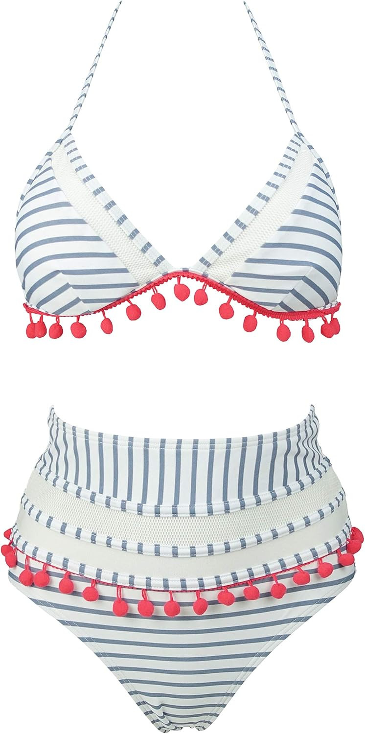 COCOSHIP Women's Mesh Striped High Waist Bikini Set Tassel Trim Top Halter Straps Swimsuit(FBA) | Amazon (US)
