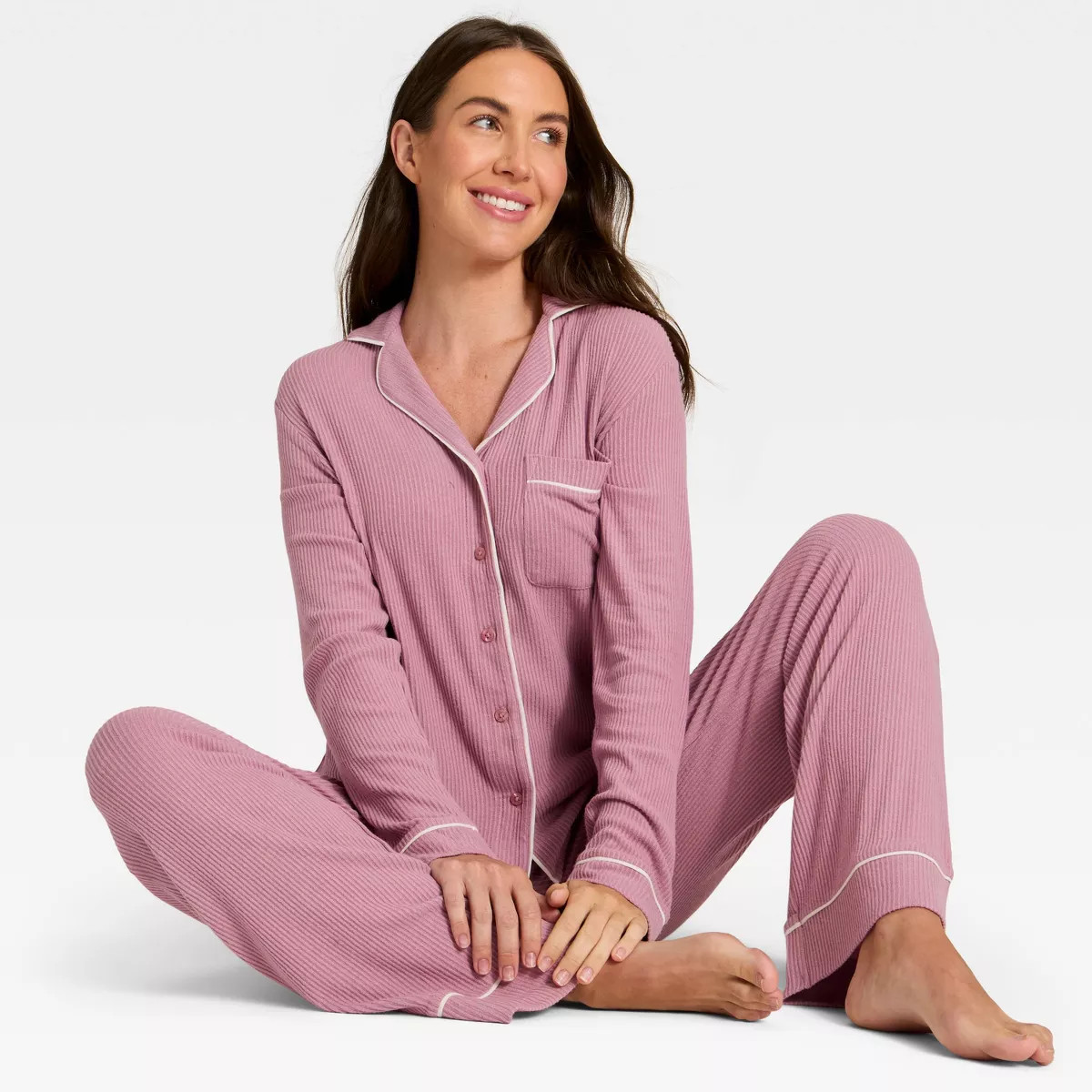 Women's Cozy Ribbed Notch Collar Long Sleeve Shirt and Pants Pajama Set - Auden™ | Target