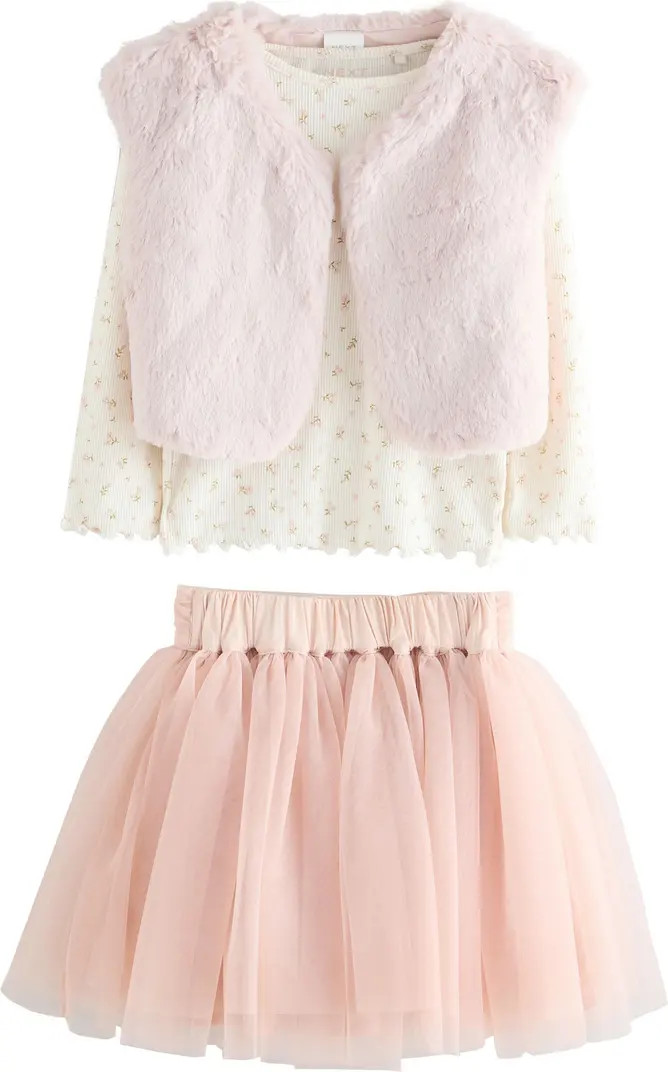 Kids' Floral Print T-Shirt, Faux Fur Vest & Tulle Skirt Set | Nordstrom