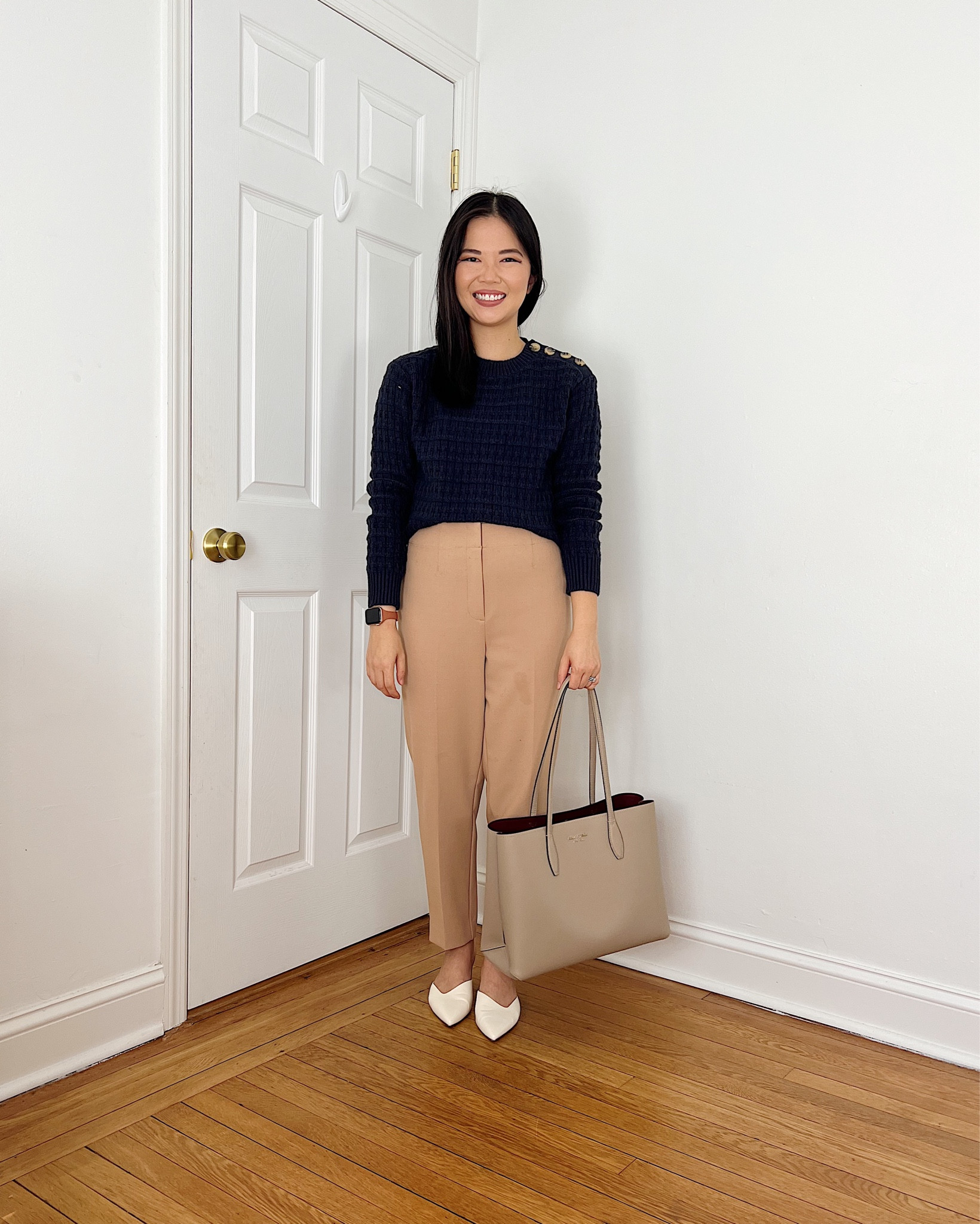Navy sweater with buttons (XS)
Light brown pants (4P)
Taupe tote bag
White pumps (1/2 size up)
Ann Taylor outfit
Amazon fashion
Amazon pumps
Business casual outfit
Smart casual outfit
Fall outfit
Fall work outfit
Teacher outfit
Ann Taylor Lana pants
White mule pumps

#LTKworkwear #LTKSeasonal #LTKfindsunder100