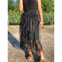 Black Tulle Ruffle Skirt Asymmetric Sheer Fashion Skirt | Etsy (US)