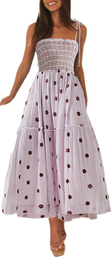 Womens Boho Long Summer Dresses Casual Beach Vacation Sun Dress Spaghetti Strap Flowy Embroidered... | Amazon (US)