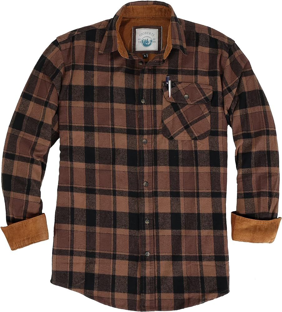 Gioberti Men's 100% Cotton Brushed Flannel Plaid Checkered Shirt with Corduroy Contrast | Amazon (US)