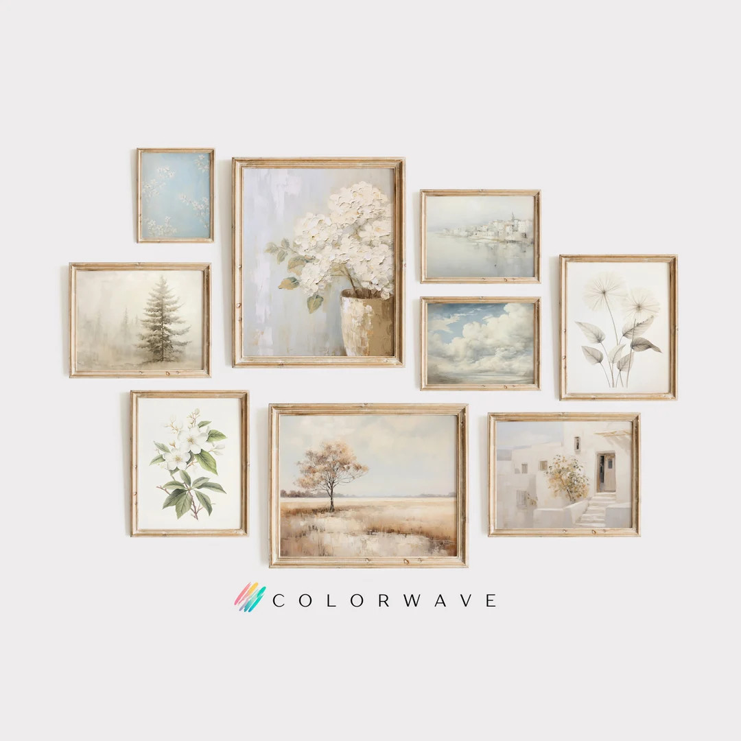 9 White Muted Vintage Prints Farmhouse Wall Decor Neutral Wall Art Living Room Art Digital Downlo... | Etsy (US)