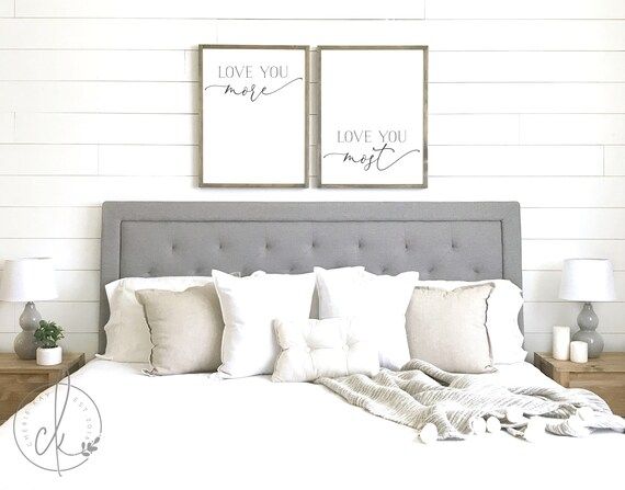 master bedroom wall decor | love you more love you most sign set script style |  master bedroom d... | Etsy (US)