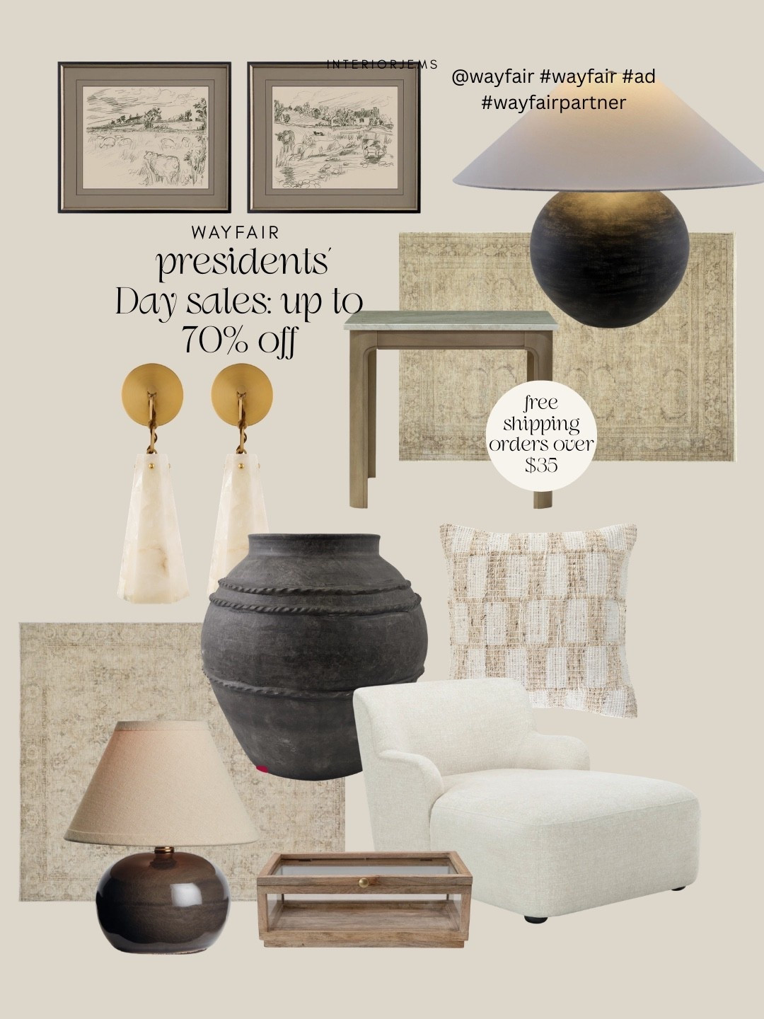 #WayfairPartner If you love a warm, vintage leaning look with classic shapes and soft, neutral layers, the Wayfair Presidents’ Day sale is a great time to shop. This mix has that relaxed, collected feel with textured rugs, framed landscape art, sculptural lamps, brass and stone sconces, a simple wood console, and a soft lounge chair that works in just about any room.

The Presidents’ Day sale is up to 70% off, and they’re offering fast, free shipping on orders over $35, which makes it a good time to grab both bigger pieces and smaller decor updates.

@wayfair #wayfair #ad

#LTKSaleAlert #LTKHome