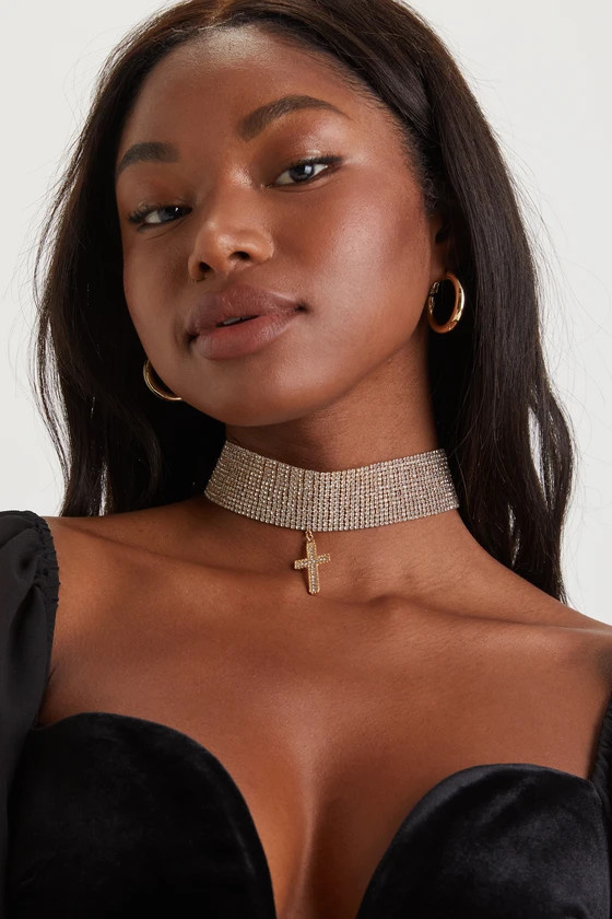 Across the Party Gold Rhinestone Cross Choker Necklace | Lulus (US)