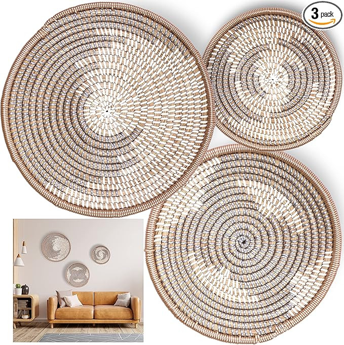 Set of 3 Round Seagrass Hanging Woven Wall Basket Decor 10-14''/ Handmade, Sturdy & Durable - Wov... | Amazon (US)