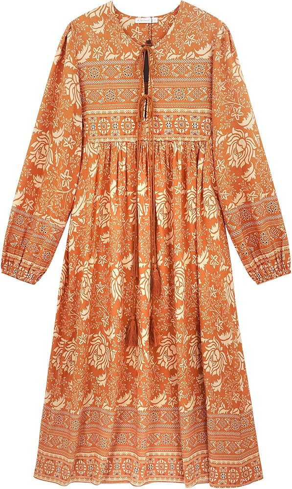 R.Vivimos Women's Long Sleeve Floral Print Retro V Neck Tassel Bohemian Midi Dresses | Amazon (US)