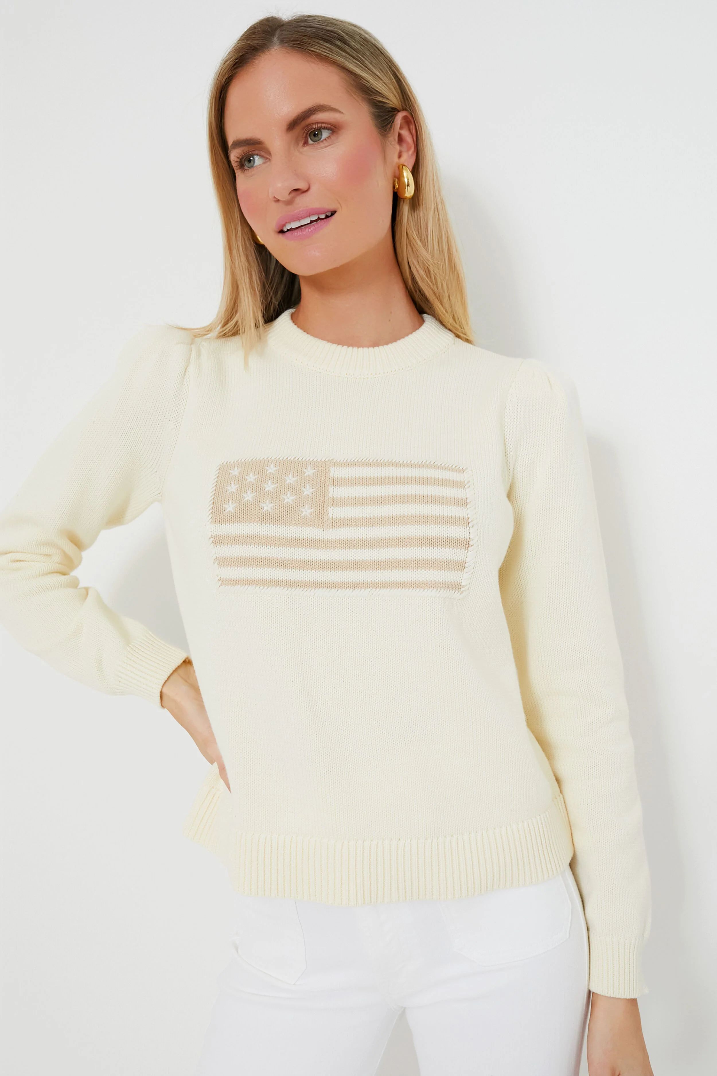 Ivory and Sandstone Cropped Puff Sleeve Americana Sweater | Tuckernuck (US)