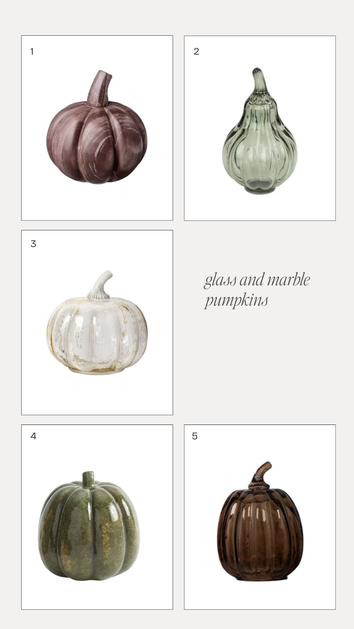 Marble and glass pumpkins that I’m crushing over for this Halloween and fall holiday season. Clear, green and amber glass pumpkins and burgundy marble