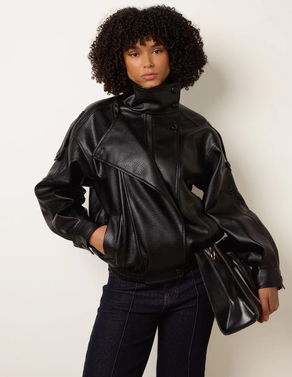 Black | High Collar Faux Leather Jacket | Blue Vanilla | Blue Vanilla